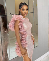 High Split Organza Ruffles Sequin Floor Length Dress